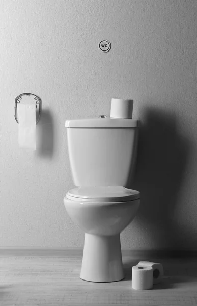 Vaschetta igienica bianca e carta igienica in un bagno — Foto Stock