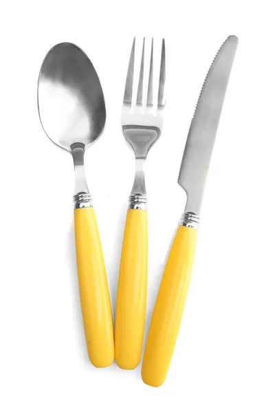 Cuchara de tenedor y cuchillo aislados en blanco — Foto de Stock