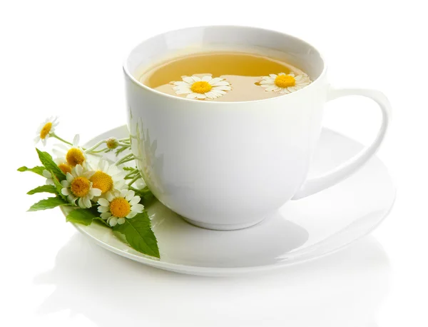 Taza de té de hierbas con manzanillas silvestres y menta, aislado en blanco —  Fotos de Stock