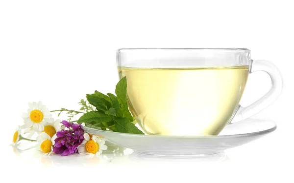 Чашка трав'яного чаю з дикими квітами і м'ятою, ізольована на білому — стокове фото