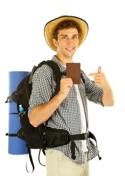 Fiatal természetjáró ember turisztikai útlevéllel, elszigetelt fehér — Stock Fotó