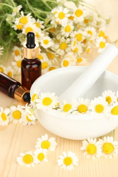 Aceite esencial y flores de manzanilla en mortero sobre mesa de madera —  Fotos de Stock