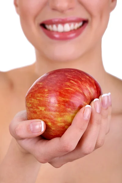 Leende kvinna med apple närbild — Stockfoto