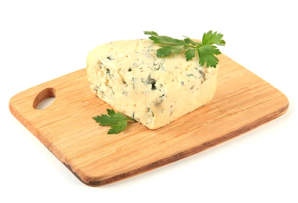 Tasty blue cheese on cutting board, isolated on white — Stock Photo, Image