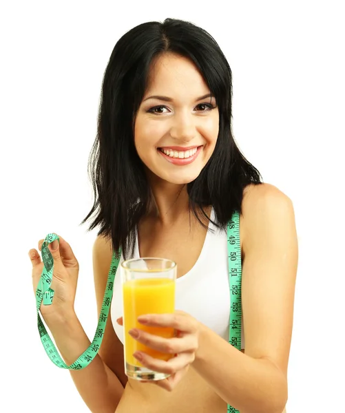 Κορίτσι με φρέσκο χυμό πορτοκάλι και το εκατοστό που απομονώνονται σε λευκό — Φωτογραφία Αρχείου