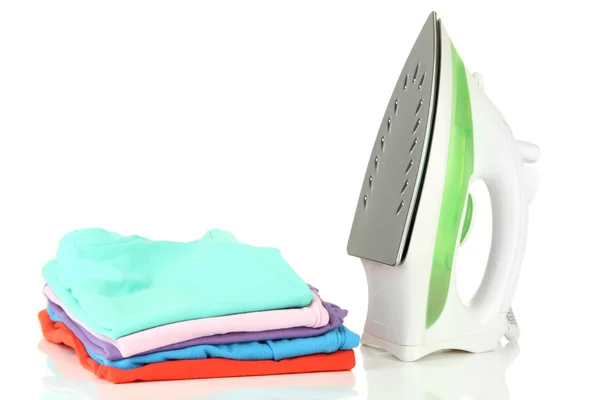 Steam iron and clothes, isolated on white — Stock Photo, Image