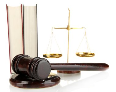 Golden scales of justice, gavel and books isolated on white clipart