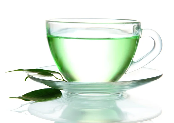 Taza transparente de té verde, aislada en blanco — Foto de Stock