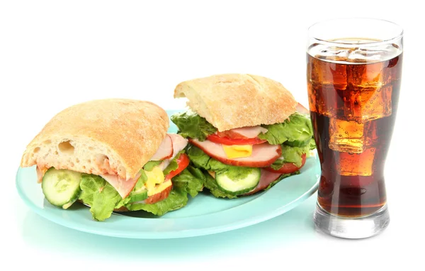 Tasty ham sandwich and glass of cola with ice isolated on white — Stock Photo, Image