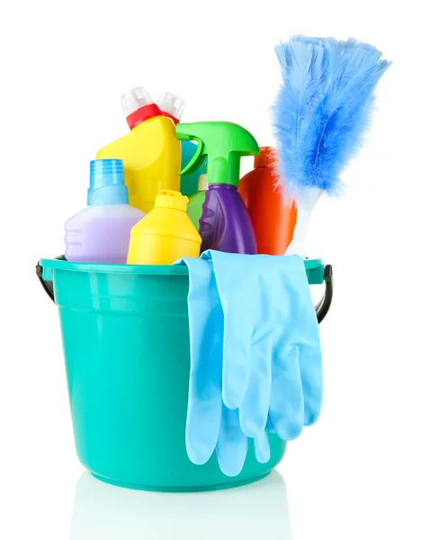 Cleaning items in bucket isolated on white — Stock Photo, Image