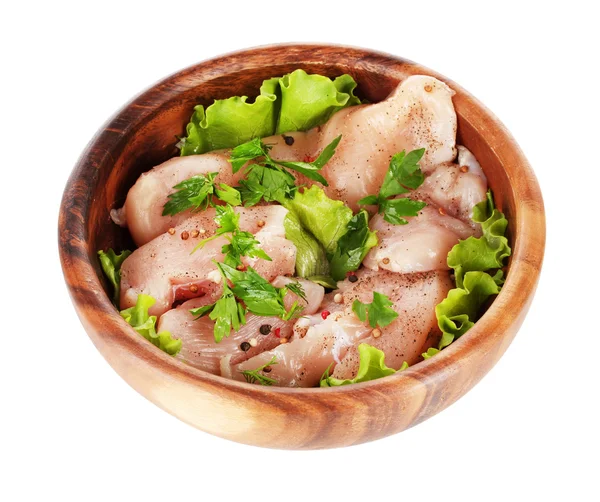 Chicken meat in wooden bowl isolated on white — Stock Photo, Image