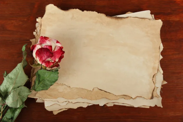 Vieux papier et rose sur fond bois — Photo