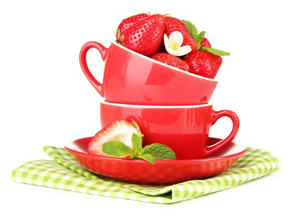 Ripe sweet strawberries in red cups, isolated on white — Stock Photo, Image