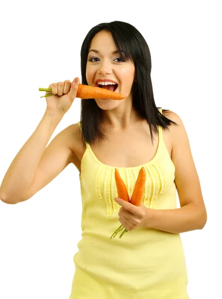 Meisje met verse wortel geïsoleerd op wit — Stockfoto