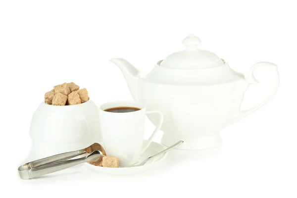 Cup of coffee, sugar-bowl and teapot isolated on white — Stock Photo, Image