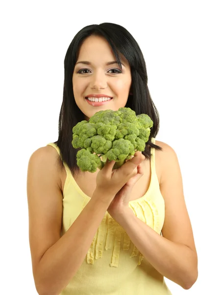 Flicka med färsk broccoli isolerad på vit — Stockfoto