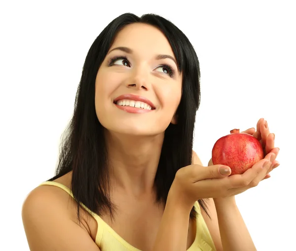 Mädchen mit frischem Granatapfel isoliert auf weiß — Stockfoto