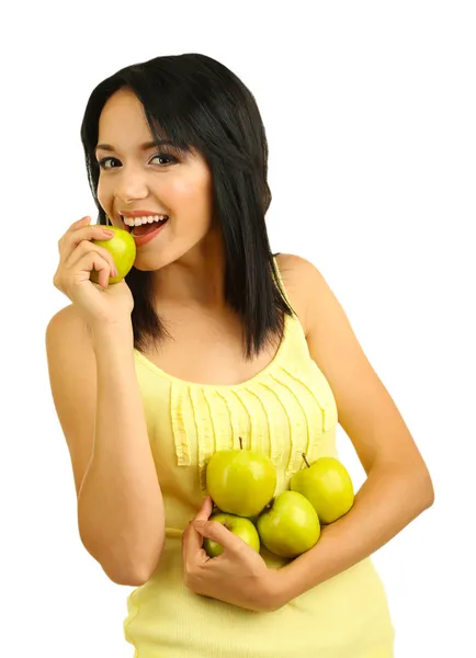 Mädchen mit frischen Äpfeln isoliert auf weiß — Stockfoto