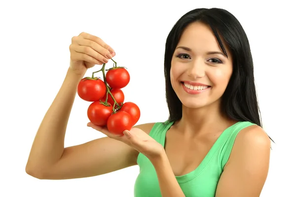 Meisje met verse tomaten geïsoleerd op wit — Stockfoto