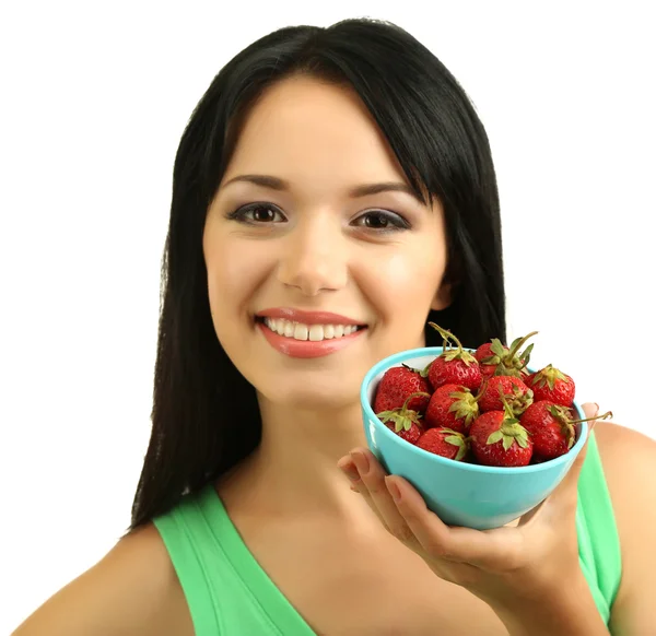 Chica con fresas frescas aisladas en blanco — Foto de Stock