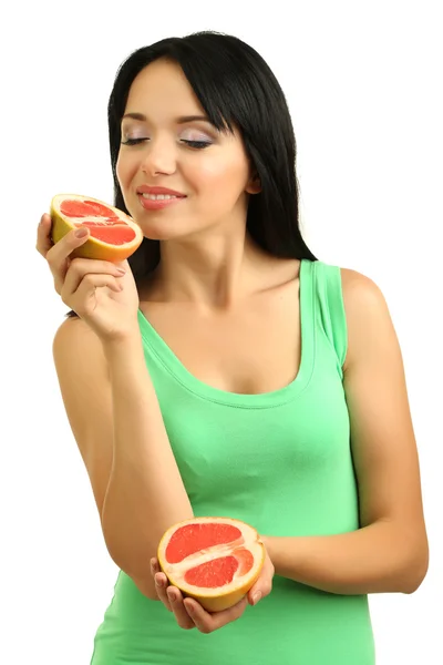 Chica con pomelo fresco aislado en blanco — Foto de Stock