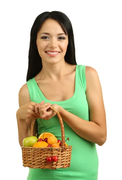 Menina com frutas frescas isoladas no branco — Fotografia de Stock