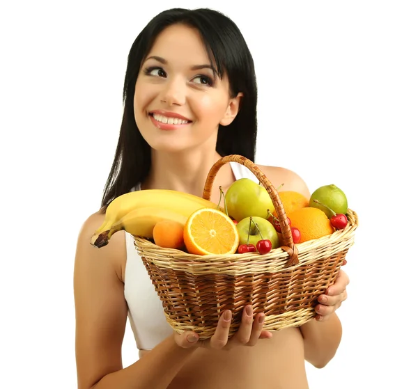 Menina com frutas frescas isoladas no branco — Fotografia de Stock