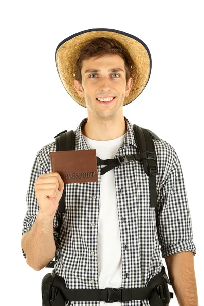 白で隔離されるパスポートを保持して若いハイカー男観光 ストック画像