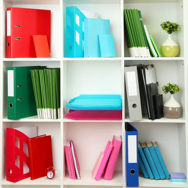 White office shelves with different stationery, close up — Stock Photo, Image