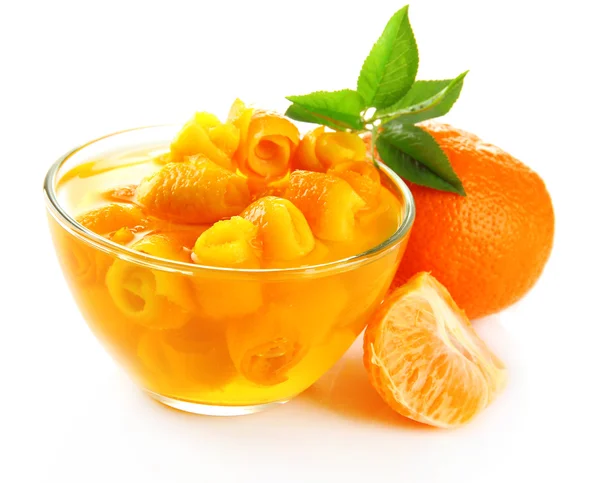 Orange jam with zest and tangerines, isolated on white — Stock Photo, Image