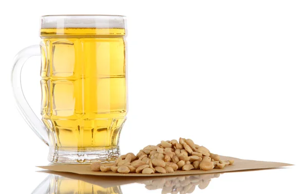 Beer in glass and nuts isolated on white — Stock Photo, Image