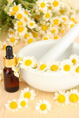 esans ve harç ahşap masa üzerinde papatya çiçeği.