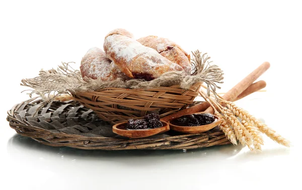 Taste croissants in basket and jam isolated on whit — Stock Photo, Image