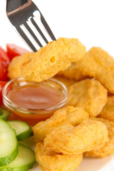 Fried chicken nuggets with sauce and vegetables isolated on white — Stock Photo, Image