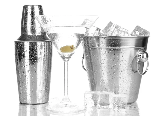 Metal ice bucket and shaker and cocktail isolated on white — Stock Photo, Image