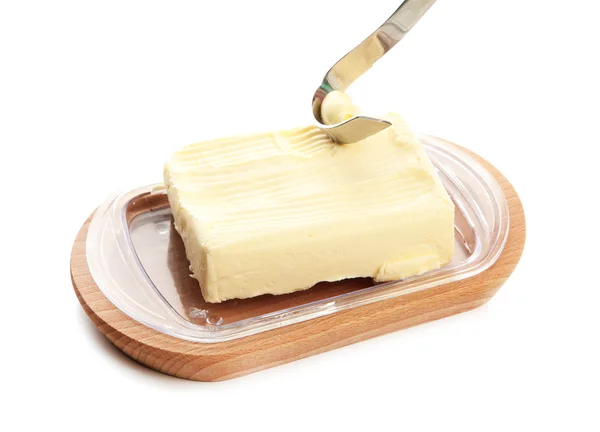 Manteiga e faca, isoladas sobre branco — Fotografia de Stock
