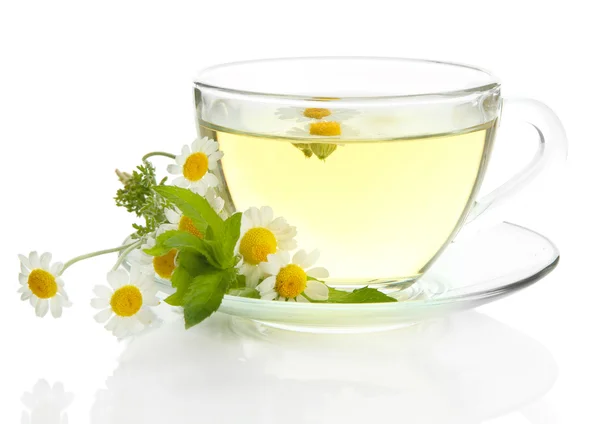 Чашка трав'яного чаю з дикими ромашками і м'ятою, ізольовані на білому — стокове фото