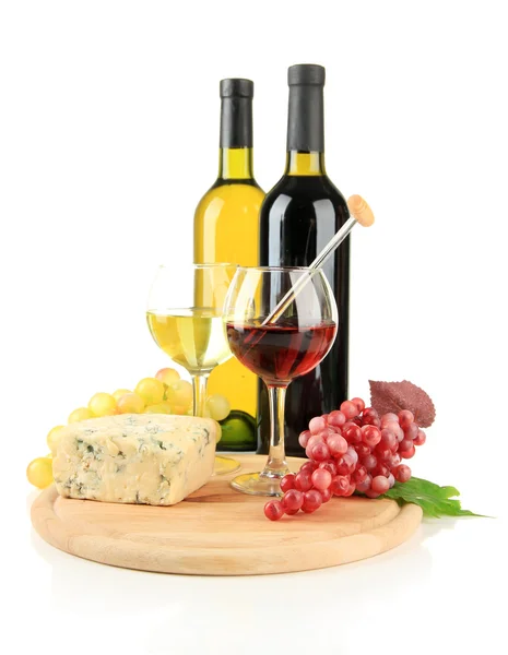 Wine, tasty blue cheese and grape, isolated on white — Stock Photo, Image