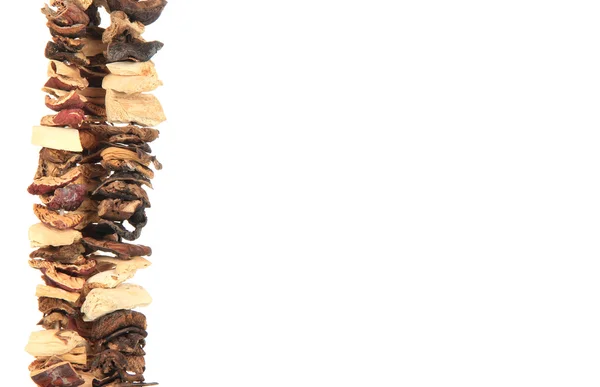 Dried mushrooms on string isolated on white — Stock Photo, Image