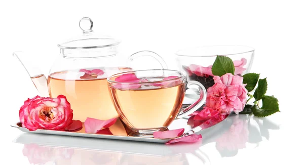 Kettle and cup of tea from tea rose on metallic tray isolated on white — Stock Photo, Image