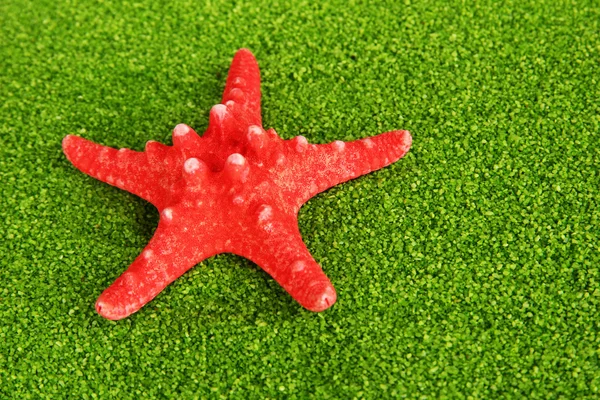 Red starfish on green crystals of sea salt background