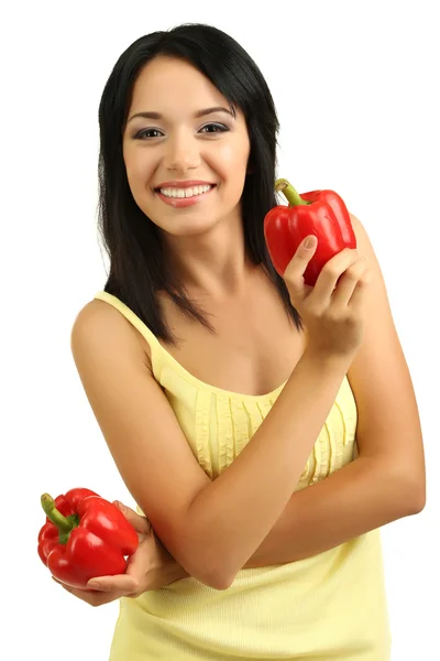 Chica con pimientos frescos aislados en blanco — Foto de Stock