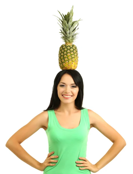 Dziewczyna z świeży ananas na białym tle — Zdjęcie stockowe
