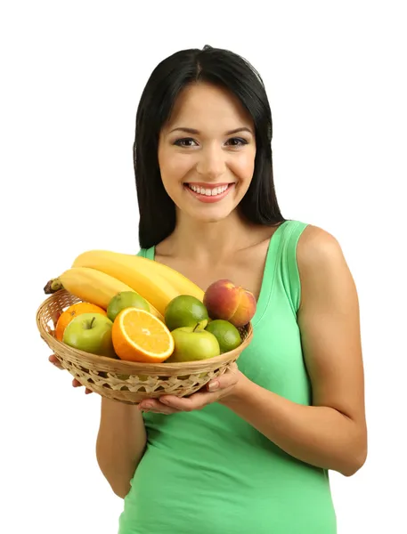 Девушка со свежими фруктами изолированы на белом — стоковое фото