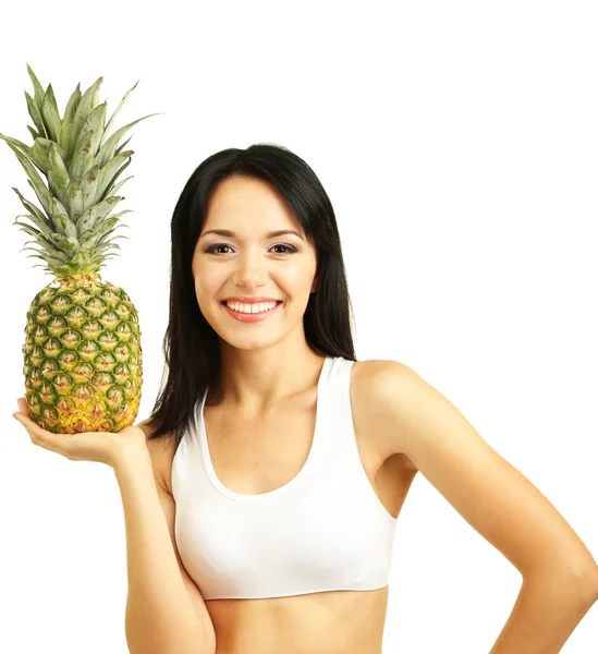 Dziewczyna z świeży ananas na białym tle — Zdjęcie stockowe