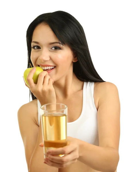 Flicka med äpple och juice isolerad på vit — Stockfoto