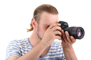 beyaz izole kamera ile yakışıklı fotoğrafçı