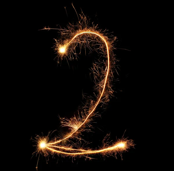 Number "two" sparklers on black background — Stock Photo, Image