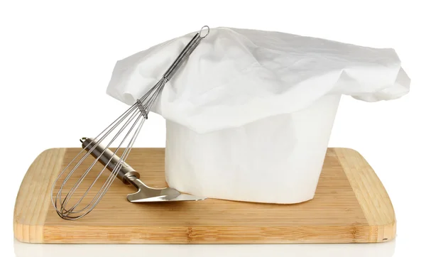 Шапка шеф-кухаря з посудом ізольовано на білому — стокове фото