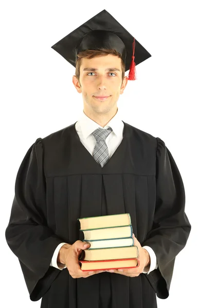 Junger Absolvent mit Büchern, isoliert auf weiß — Stockfoto